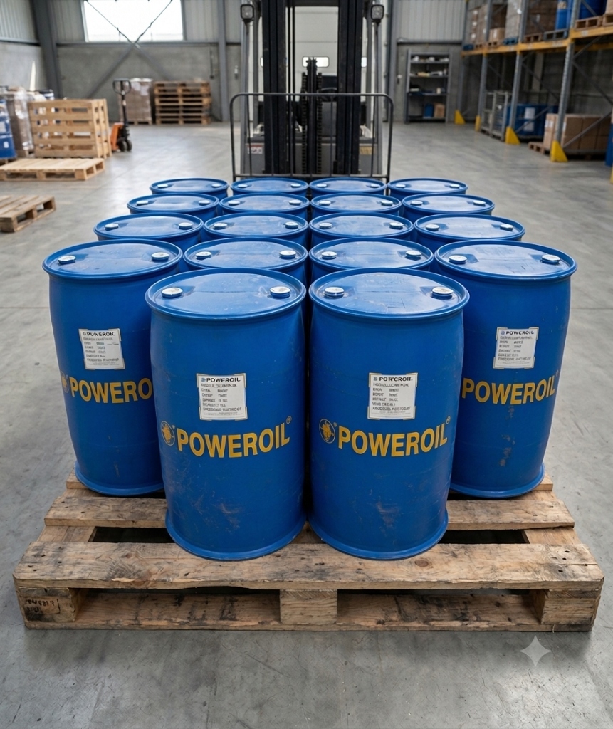 Poweroil Paraffin Drums in Warehouse